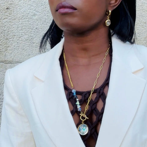 My Little Nature I Colorful Tourmaline Necklace With Joyful Beaded Toggle Clasp Gold Plated Chain