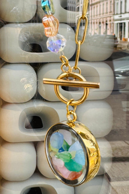 My Little Nature I Colorful Tourmaline Necklace With Joyful Beaded Toggle Clasp Gold Plated Chain