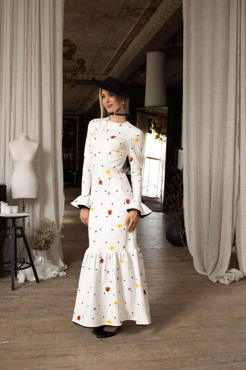 RainSisters | Floral Long Sleeve Maxi Dress in White | Dancing Romance