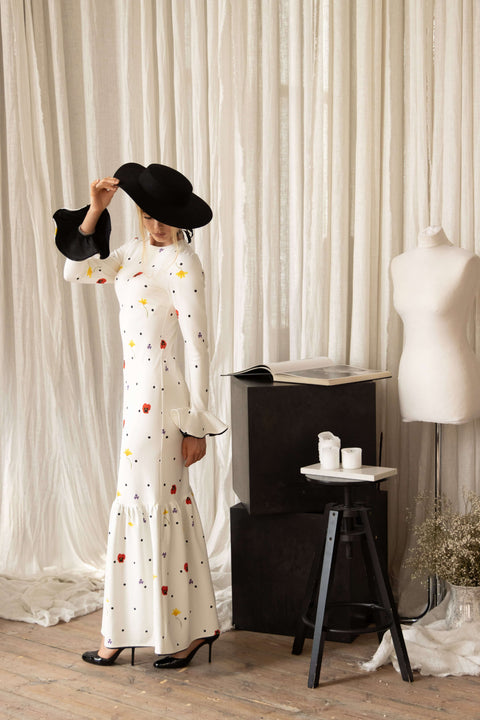 RainSisters | Floral Long Sleeve Maxi Dress in White | Dancing Romance