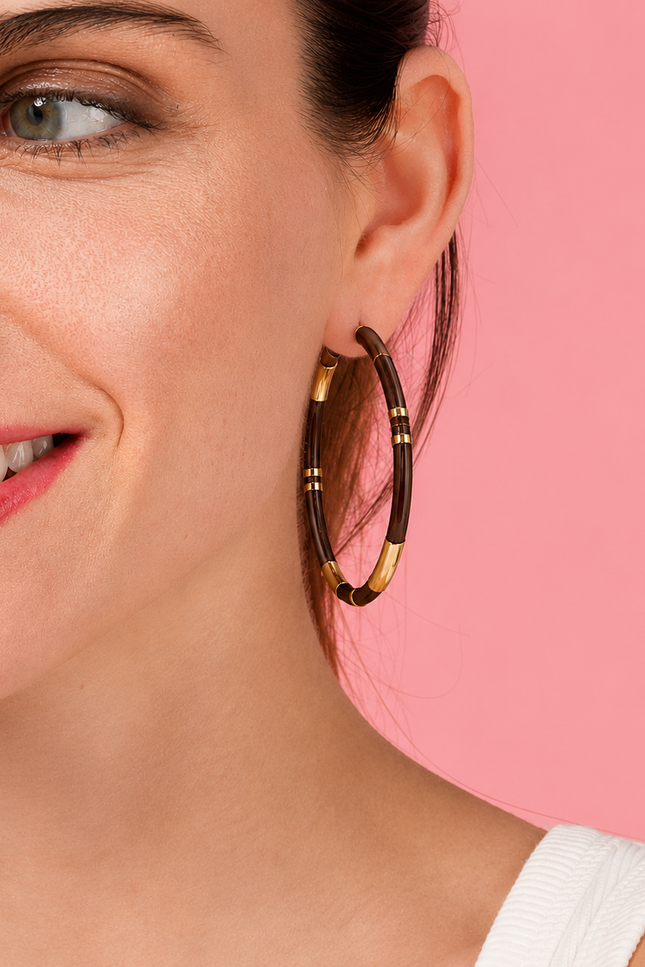 Michael Nash Jewelry | Mallory Chocolate And Gold Stripe Hoop Earrings