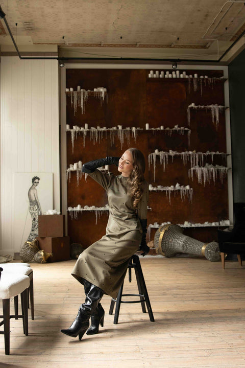 RainSisters | Long Sleeve Midi Dress in Green | Dotted Charm