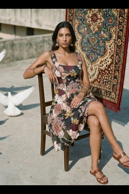 A woman in the Sarvin Golha Floral Corset Dress sits on a wooden chair on a rooftop, with patterned rugs hanging behind her and white doves gathered nearby and flying overhead.