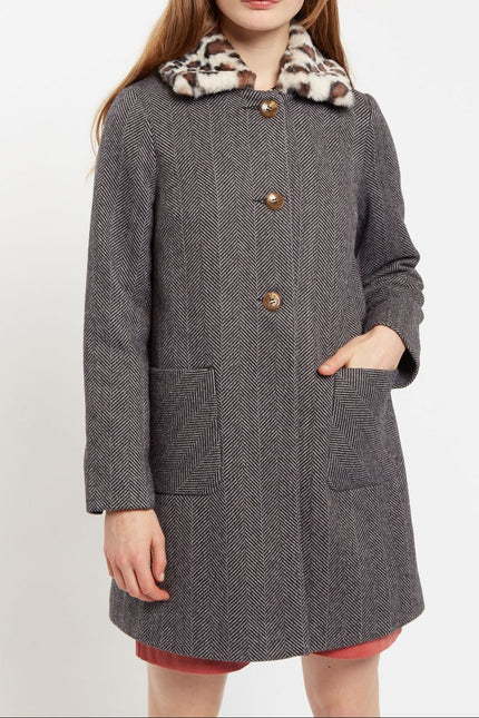 Dryden Herringbone Faux Fur Collar A Line Coat - Front
