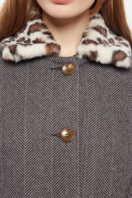 Dryden Herringbone Faux Fur Collar A Line Coat - Detail 1