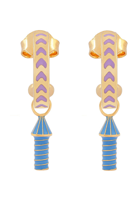 image of rocket enamel earrings in purple, blue and gold on white background