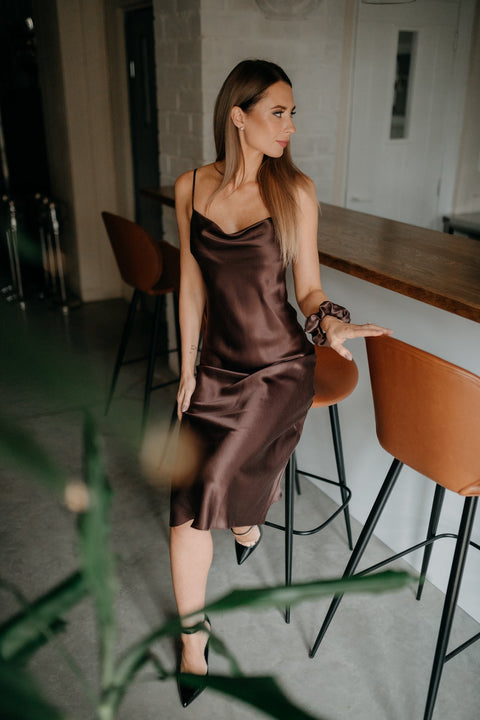 Etanna | Natural Silk Midi Slip Dress Chocolate