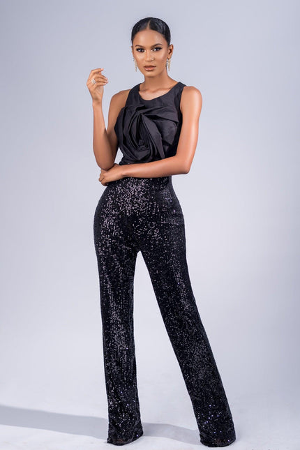 EVA SATIN AND SEQUIN JUMPSUIT IN BLACK - ANITABEL