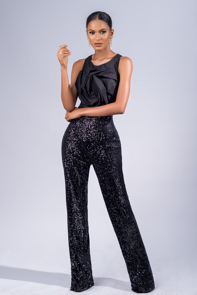 EVA SATIN AND SEQUIN JUMPSUIT IN BLACK - ANITABEL