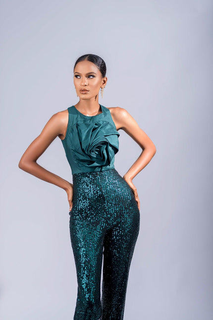 Eva Satin and Sequin party Jumpsuit in Green - ANITABEL
