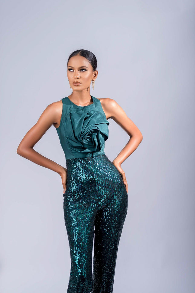 Eva Satin and Sequin party Jumpsuit in Green - ANITABEL