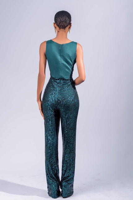 Eva Satin and Sequin party Jumpsuit in Green - ANITABEL