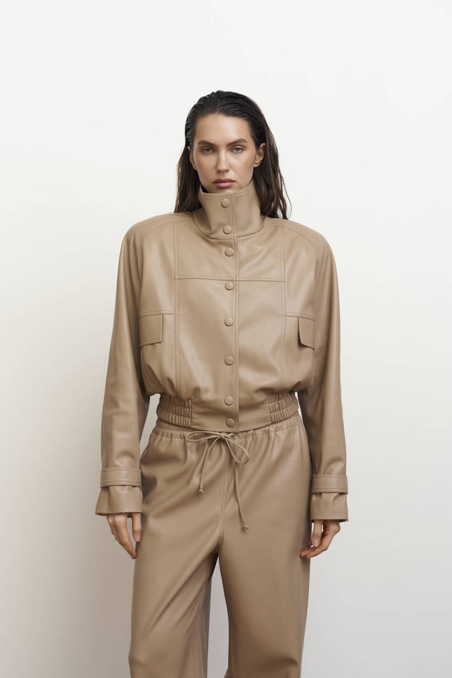 Kolosova | Beige Eco-Leather Bomber Jacket