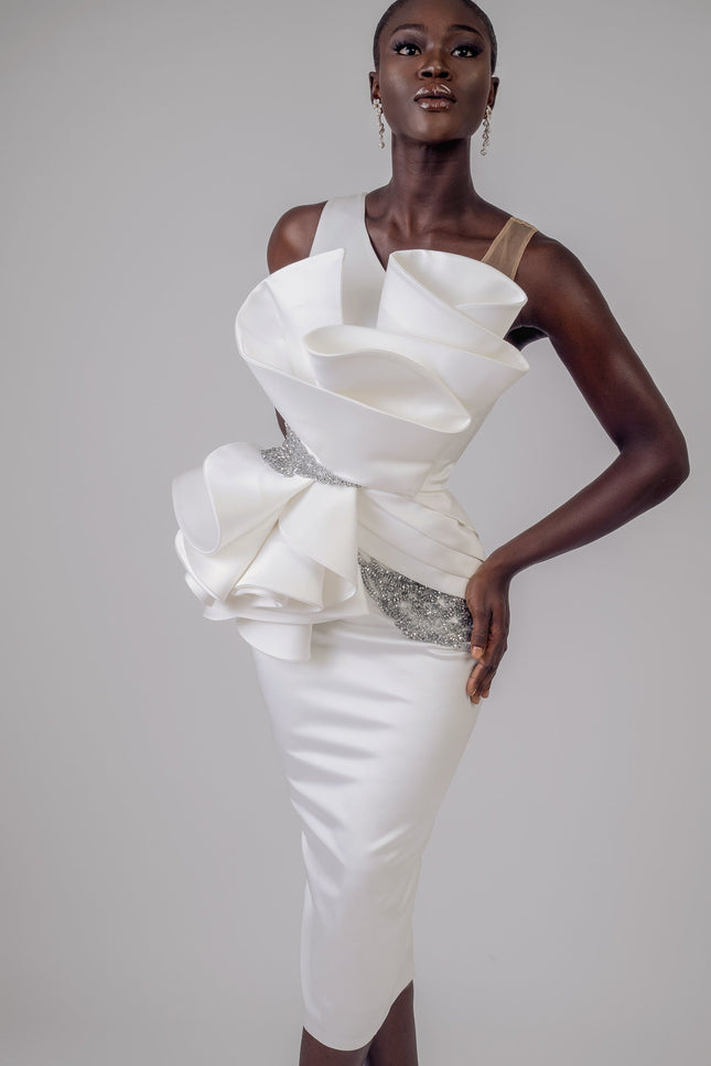 FABIENNE WHITE SLEEVELESS MIDI SATIN DRESS WITH PEPLUM DETAILS - ANITABEL