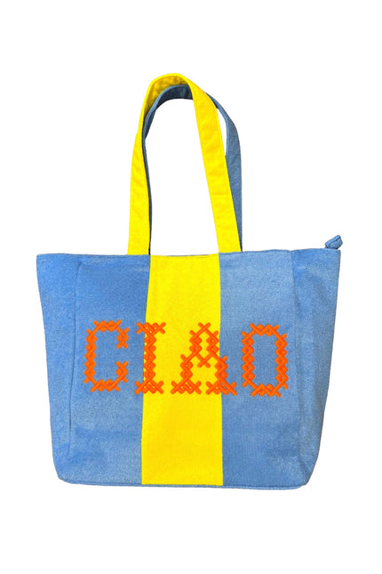 Lilly Loves Terry Towel Blue and Yellow Ciao Bag handbag with colorful fabric design and sturdy handles.
