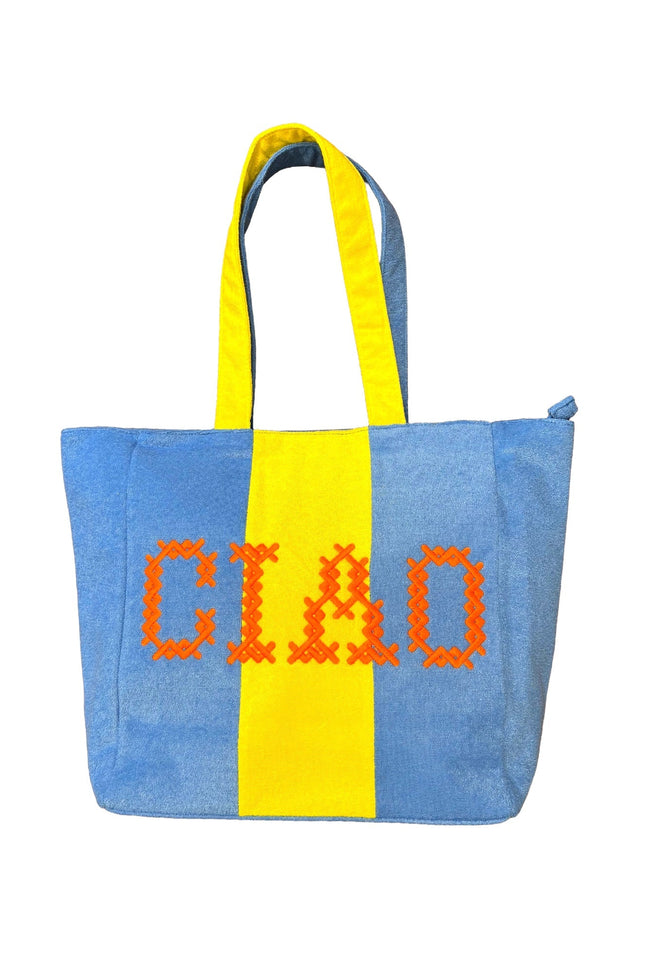 Lilly Loves Terry Towel Blue and Yellow Ciao Bag handbag with colorful fabric design and sturdy handles.