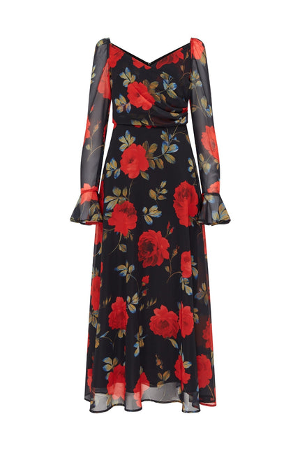 Front product view of the SOUR FIGS Floral Long-Sleeve Maxi Dress in Midnight Rose Black, with red roses, a ruched V-neck bodice and sheer sleeves with flared cuffs.