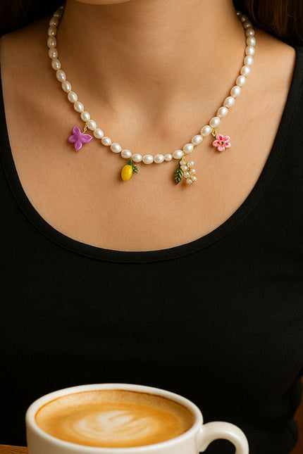 My Little Nature I Handmade Freshwater Pearl Necklace with Front Metallic Line – Elegant Jewelry Gift