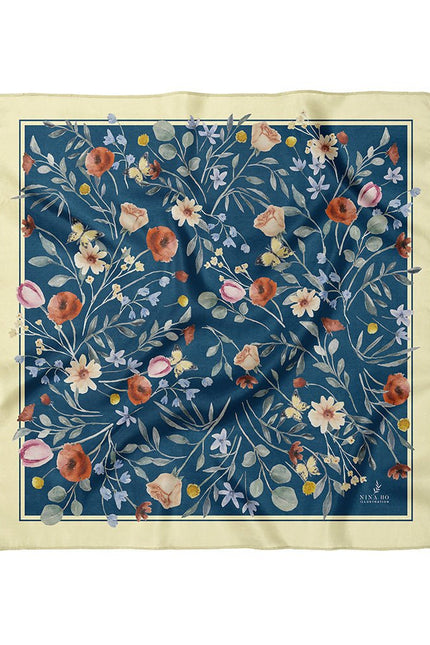 Flower Party Double-Sided Silk Scarf-Dark Blue