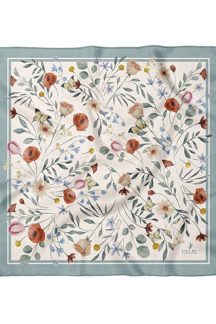 Flower Party Double-Sided Silk Scarf - Light Blue Green - L