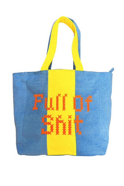 Blue and yellow Lilly Loves Terry Towel handbag with a "Full Of Shit" print, featuring a stylish, casual tote design.