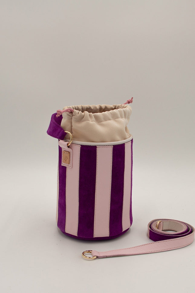 mini tambour circus bugan bolso de piel de rallas piel de napa y ante lila y rosa