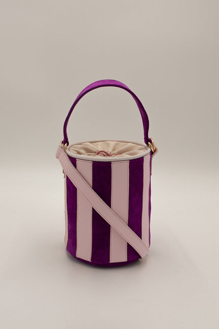 mini tambour circus bugan bolso de piel de rallas piel de napa y ante lila y rosa