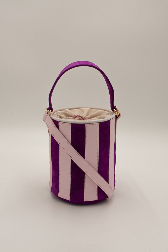 mini tambour circus bugan bolso de piel de rallas piel de napa y ante lila y rosa