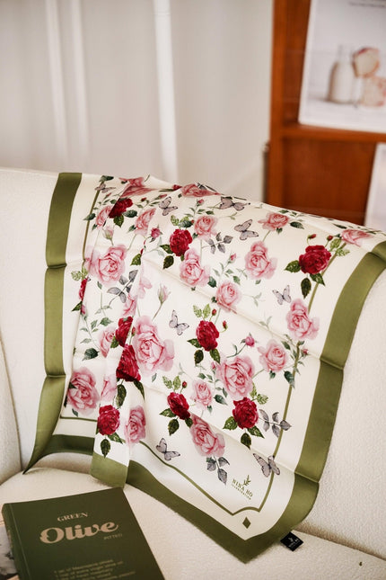 French Rose Double-Sided Silk Scarf - Mountain Dove Green (Grass Green)