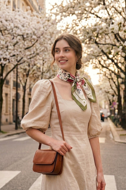 French Rose Double-Sided Silk Scarf - Mountain Dove Green (Grass Green)