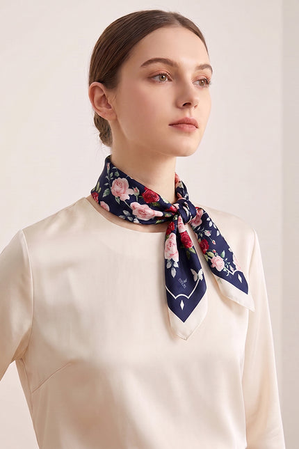French Rose Double-Sided Silk Scarf - Indian Blue