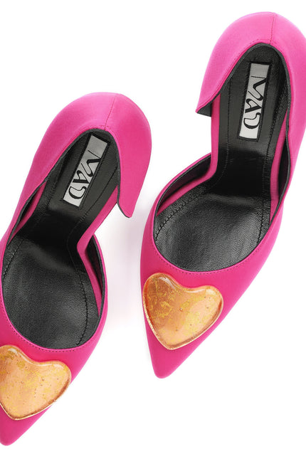 fuchsia satin stilettos 10 cm with gold glass hearts front