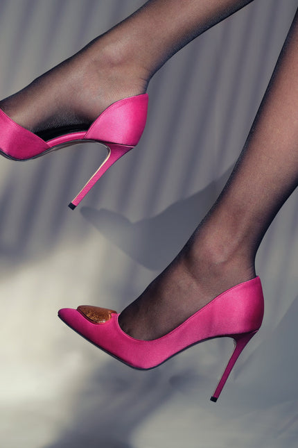 fuchsia satin stilettos 10 cm with gold glass hearts profile artistic