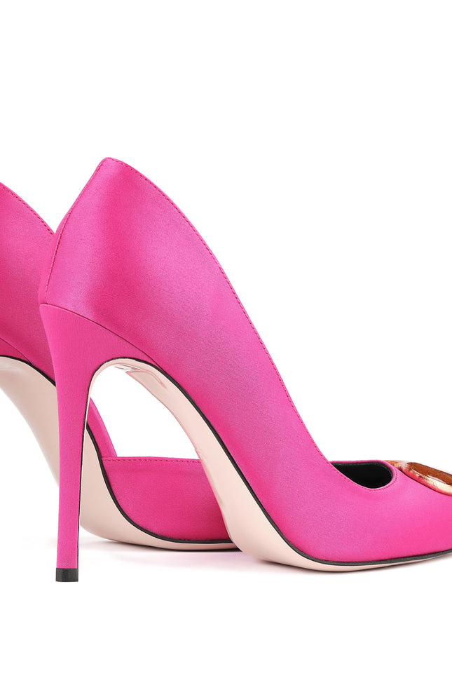 fuchsia satin stilettos 10 cm with gold glass hearts  profile pair