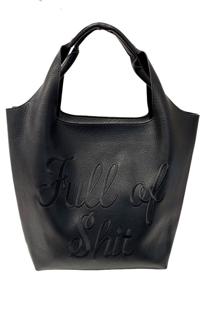 Black Lilly Loves handbag with subtle "full of Shit" slogan, shoulder bag style, featuring a sleek design with a zip closure.