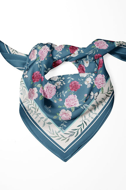 Garden Rose Double-Sided Silk Scarf - Dark Blue Green