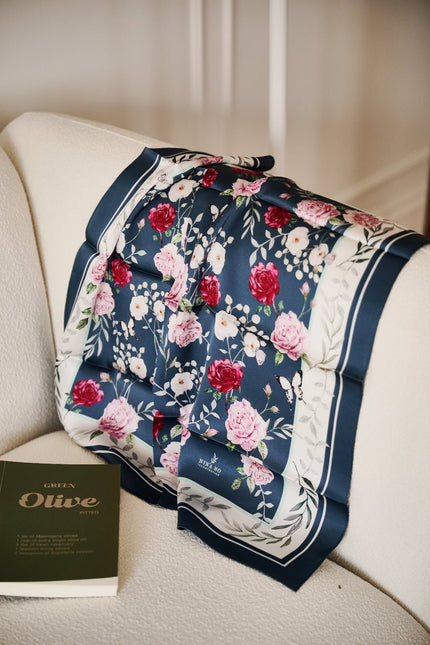 Garden Rose Double-Sided Silk Scarf - Dark Blue Green