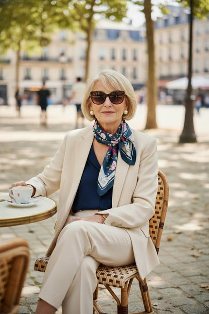 Sophisticated mature woman wearing a luxury silk scarf styled with a cream suit at a Parisian cafe, timeless elegance.