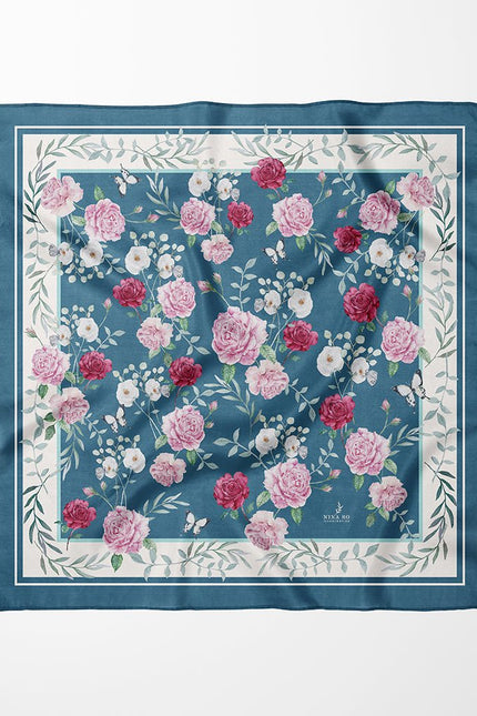 Garden Rose Double-Sided Silk Scarf - Dark Blue Green
