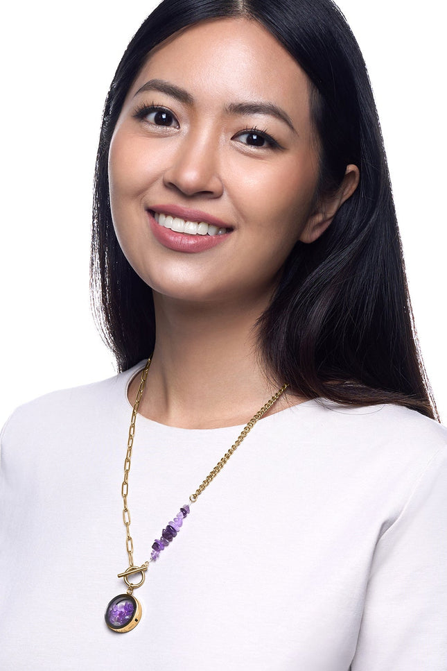 My Little Nature I Toggle Clasp Amethyst Necklace With Beaded Chain And Charm