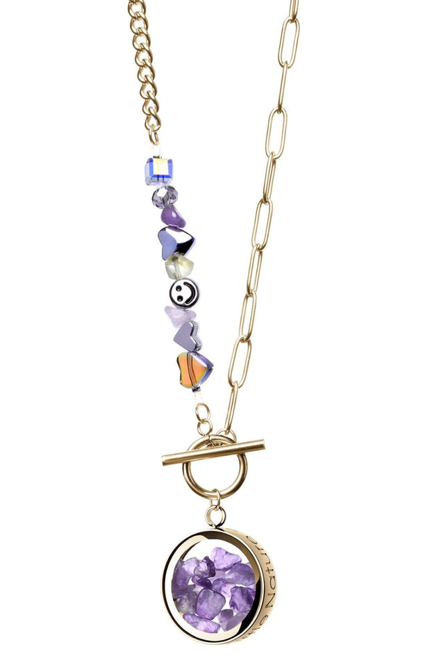 My Little Nature I Amethyst Necklace With Joyful Beaded Toggle Clasp Gold Plated Chain