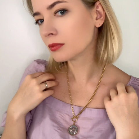 My Little Nature I Handmade Gold Plated Statement Necklace With Dried Heather Flower With Toggle Clasp