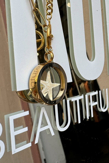 My Little Nature I Handmade Gold Plated Statement Necklace With Natural Starfish With Toggle Clasp & Star Charm