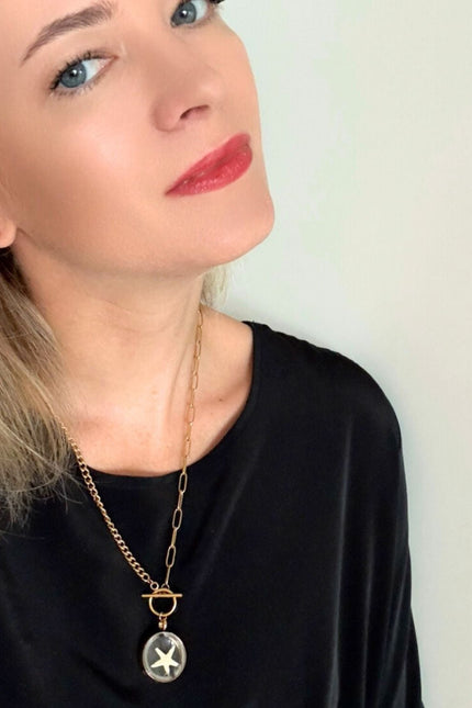 My Little Nature I Handmade Gold Plated Statement Necklace With Natural Starfish With Toggle Clasp & Star Charm