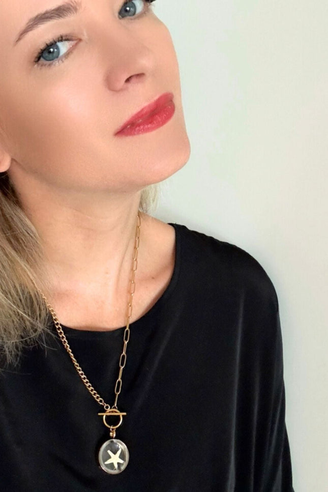 My Little Nature I Handmade Gold Plated Statement Necklace With Natural Starfish With Toggle Clasp & Star Charm