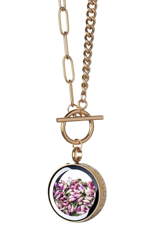 My Little Nature I Handmade Gold Plated Statement Necklace With Dried Heather Flower With Toggle Clasp