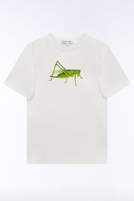 An off-white short-sleeve crewneck t-shirt featuring a detailed green bush cricket or grasshopper graphic printed on the center chest, displayed against a clean white background.