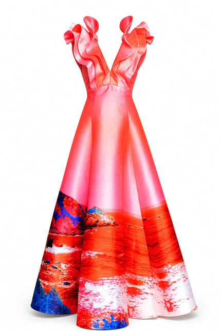 Butterfly Evening Dress - Red Blue Landscape