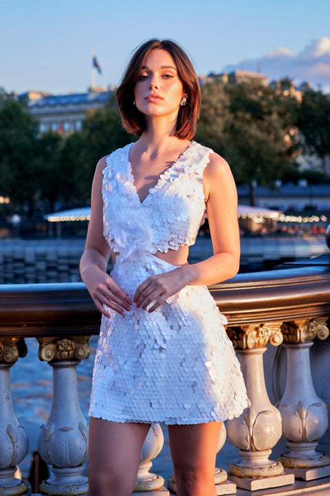 Petra Petrova | White Sequin Side Cut Out Mini Dress Hailey
