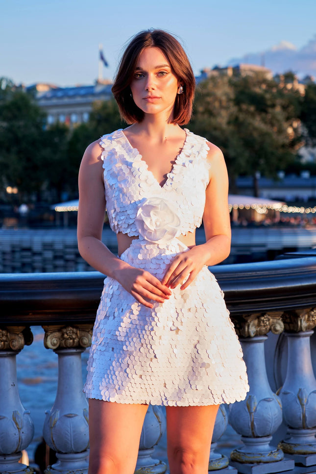 Petra Petrova | White Sequin Side Cut Out Mini Dress Hailey